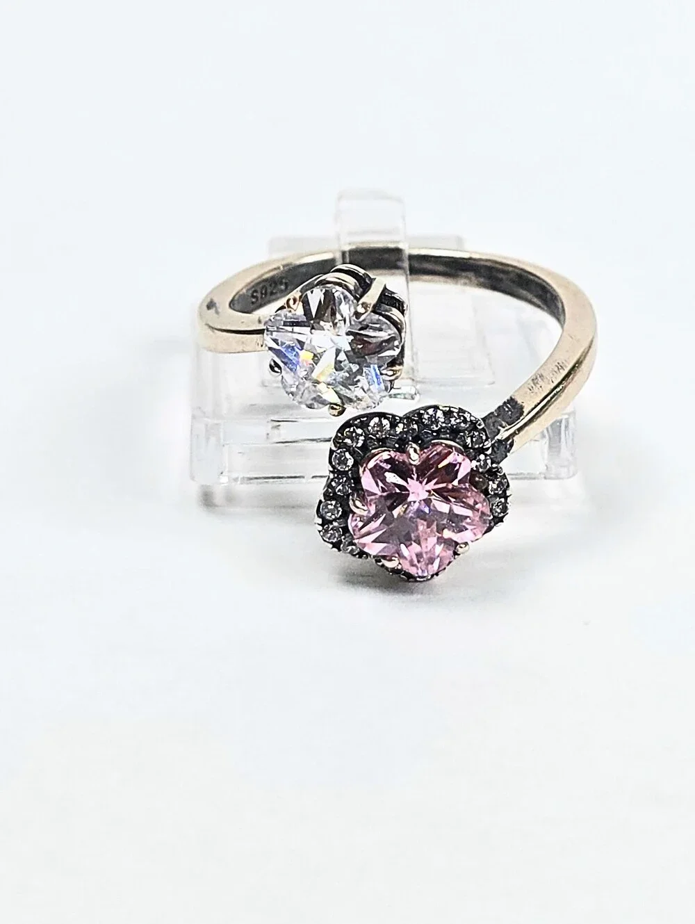 925 Sterling Silver Adjust 7-8 Dual Flower Ring Pink & Clear CZ Open Band Floral